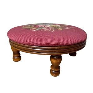 Antique Needlepoint 13" Round Footstool Floral Pattern Wooden Legs Foot Rest